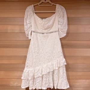 BEBE PUFF SLEEVE LACE MIDI DRESS